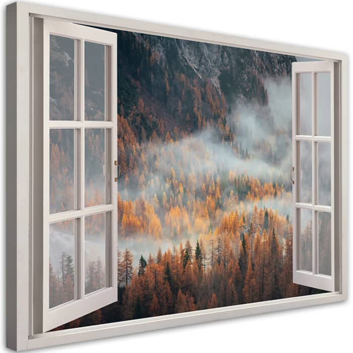 Obraz na płótnie, Okno jesienna mgła w górach img_1