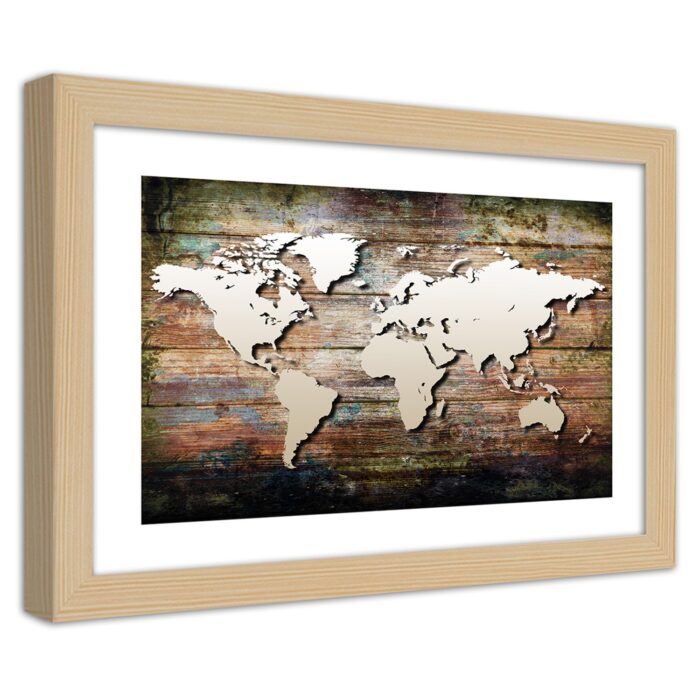 Obraz w ramie, Mapa świata na starych deskach img_1