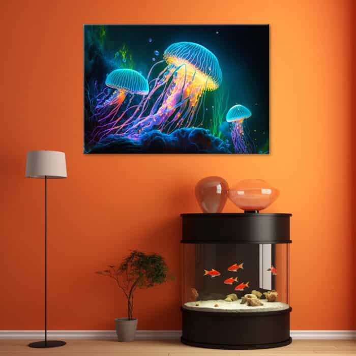 Obraz deco panel, Neonowe meduzy pod wodą img_2