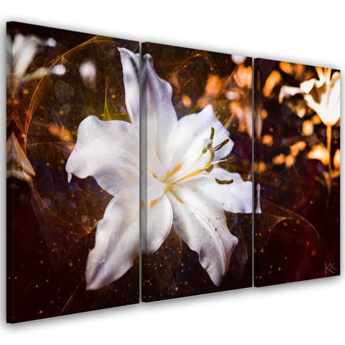 Obraz tryptyk na płótnie, Biała lilia na brązowym tle img_1