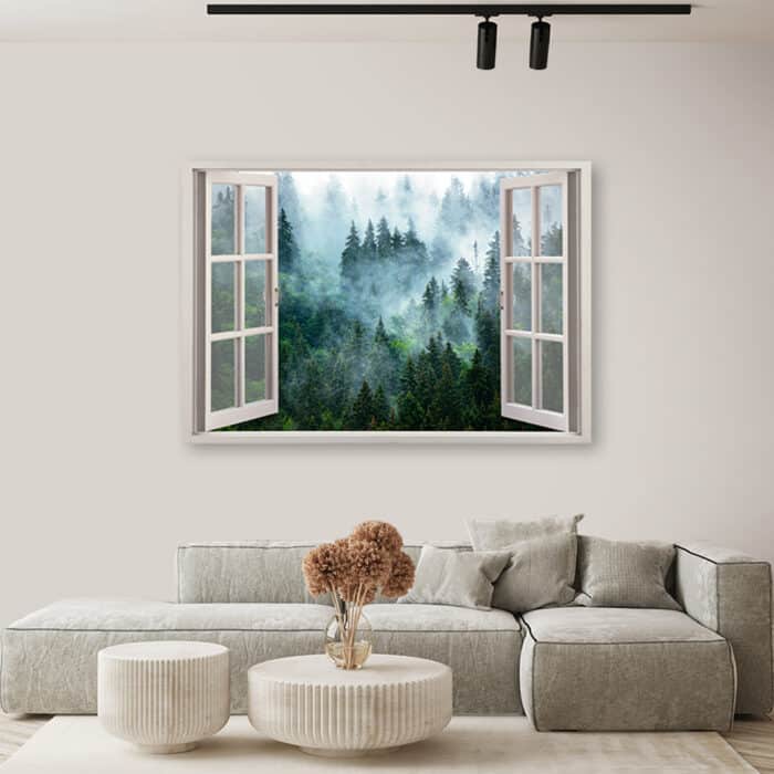 Obraz na płótnie, Okno Zielony las we mgle natura img_2