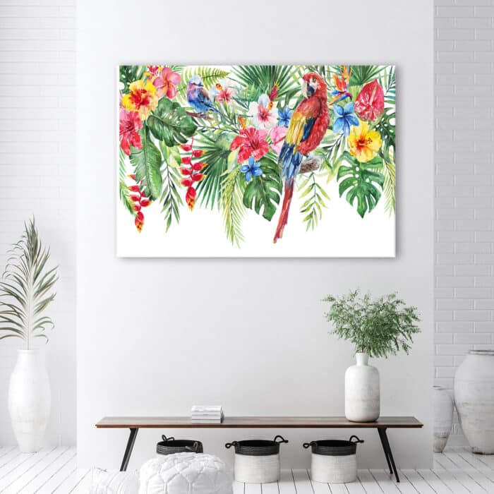 Obraz Deco Panel, Liście kwiaty papuga tropikalne img_2