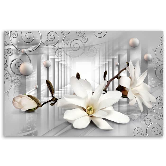 Obraz na płótnie, Kwiaty w tunelu i srebrne kule 3D img_3