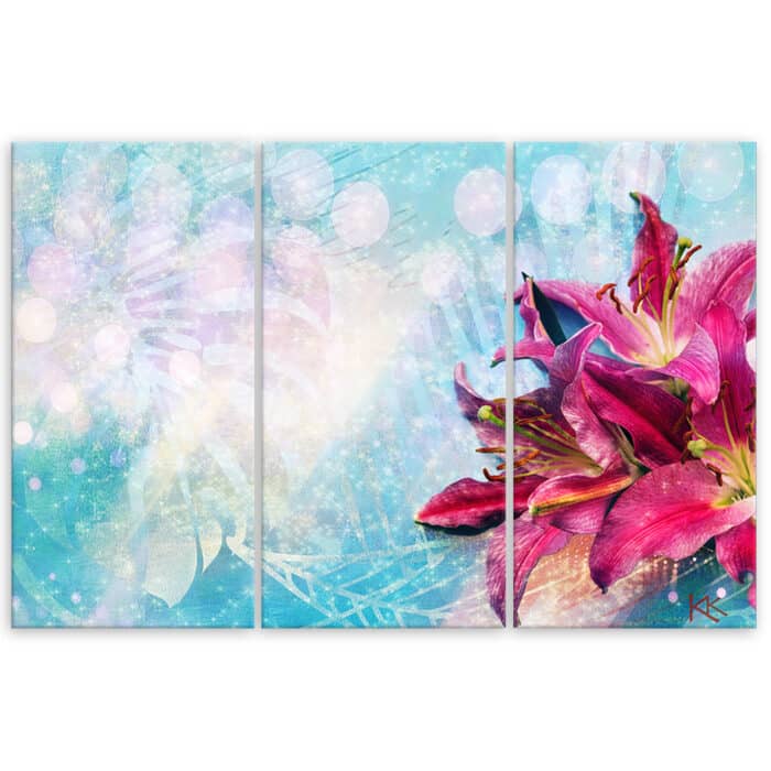 Obraz trzyczęściowy Deco Panel, Różowe kwiaty na niebieskim tle img_3