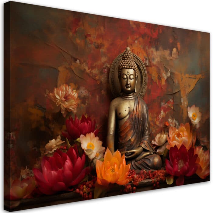 Obraz na płótnie, Medytuący Budda i kolorowe kwiaty img_1