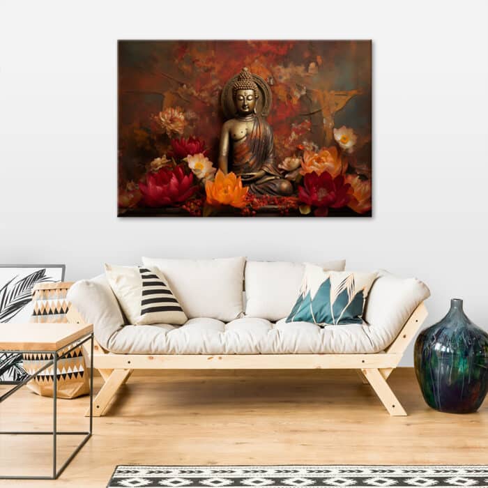 Obraz na płótnie, Medytuący Budda i kolorowe kwiaty img_2